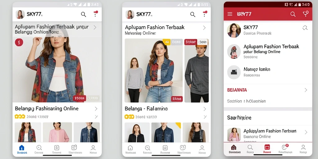 Antarmuka aplikasi SKY77 menampilkan pilihan produk fashion yang menarik.